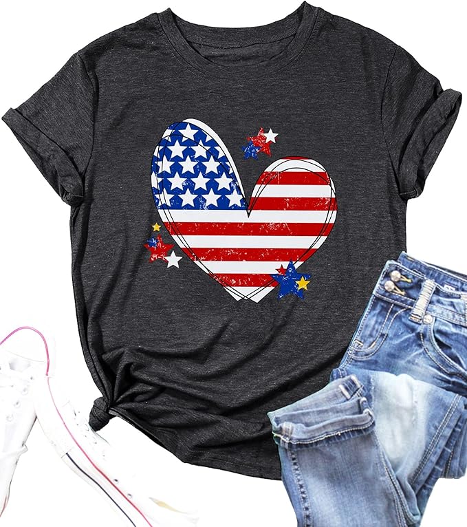 vvnty 美国国旗心形衬衫女式爱国t恤 7 月 4 日图案 t 恤美国国旗星星